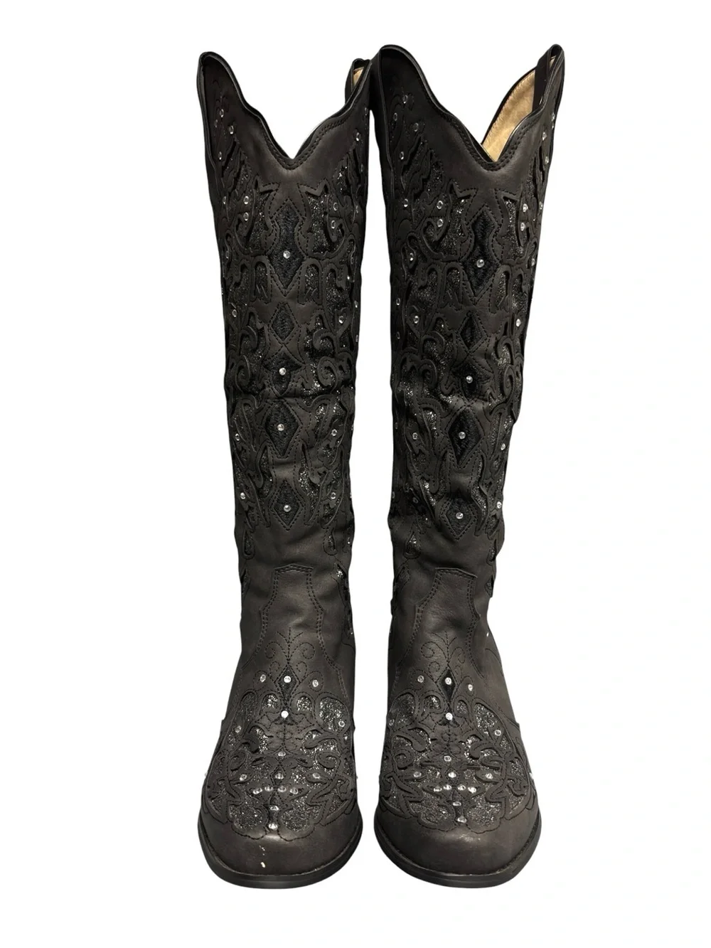 Gray Rhinestone Studded Glitter Inlay Knee High Cowboy Boots - Picture 2 of 7